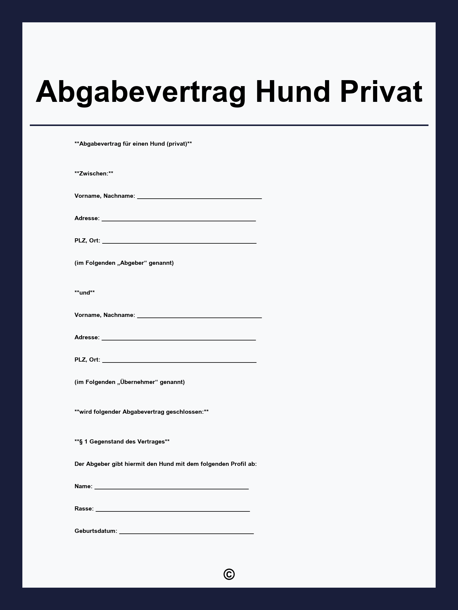 Abgabevertrag Hund Privat