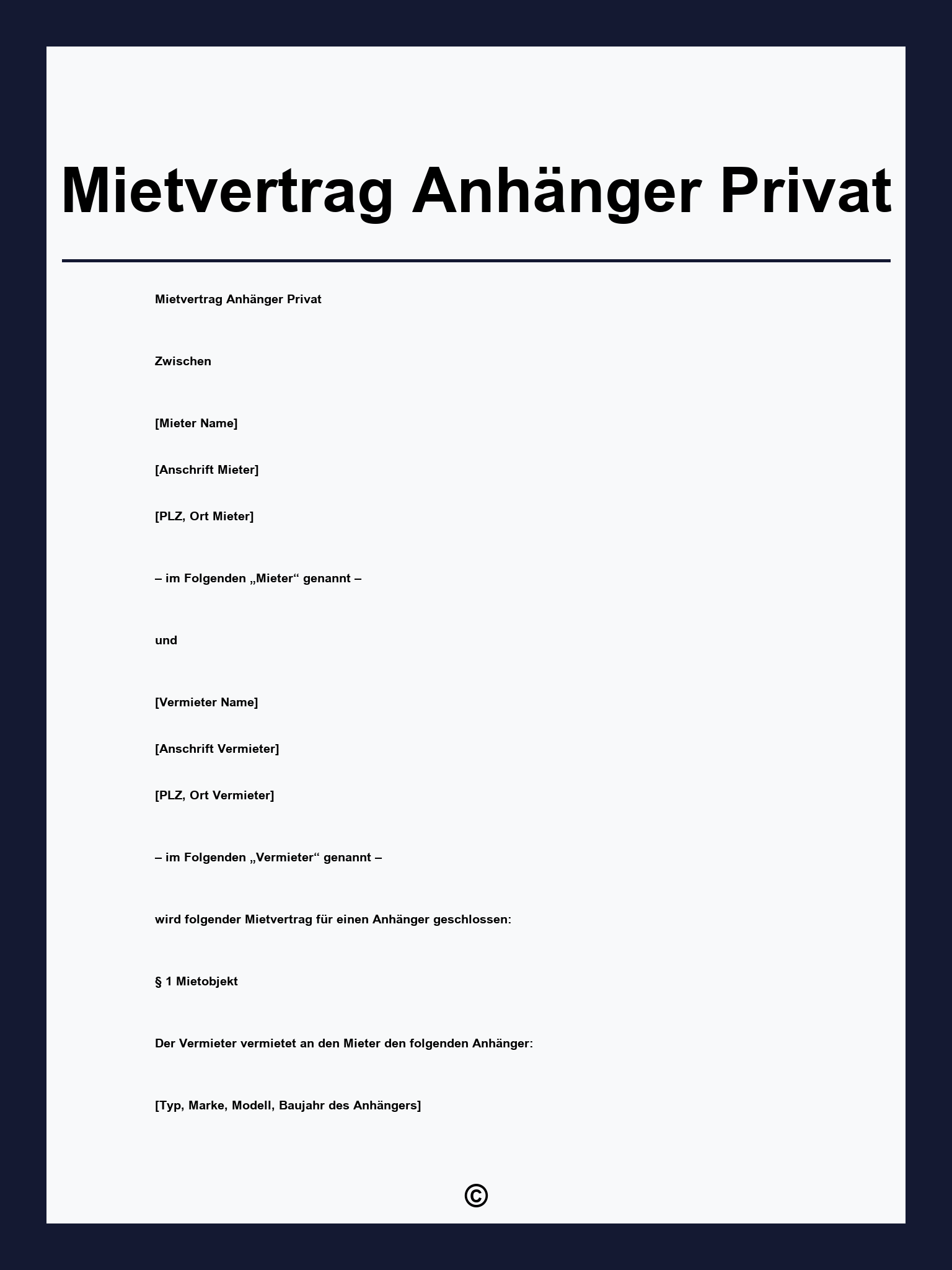 Mietvertrag Anhänger Privat