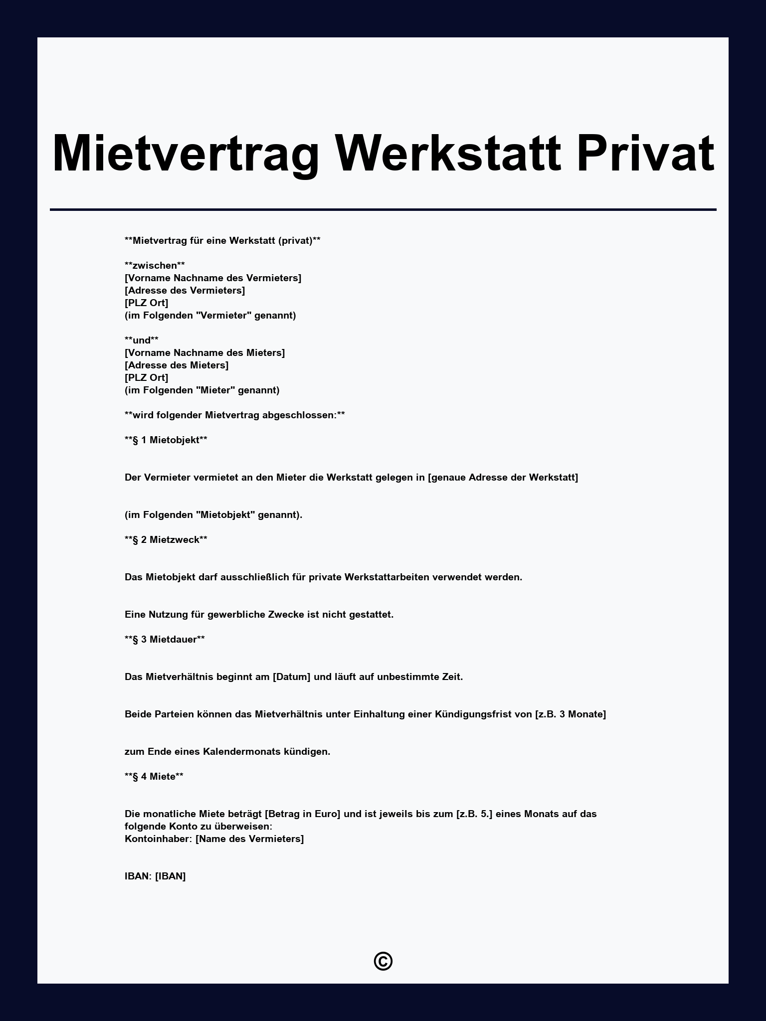 Mietvertrag Werkstatt Privat