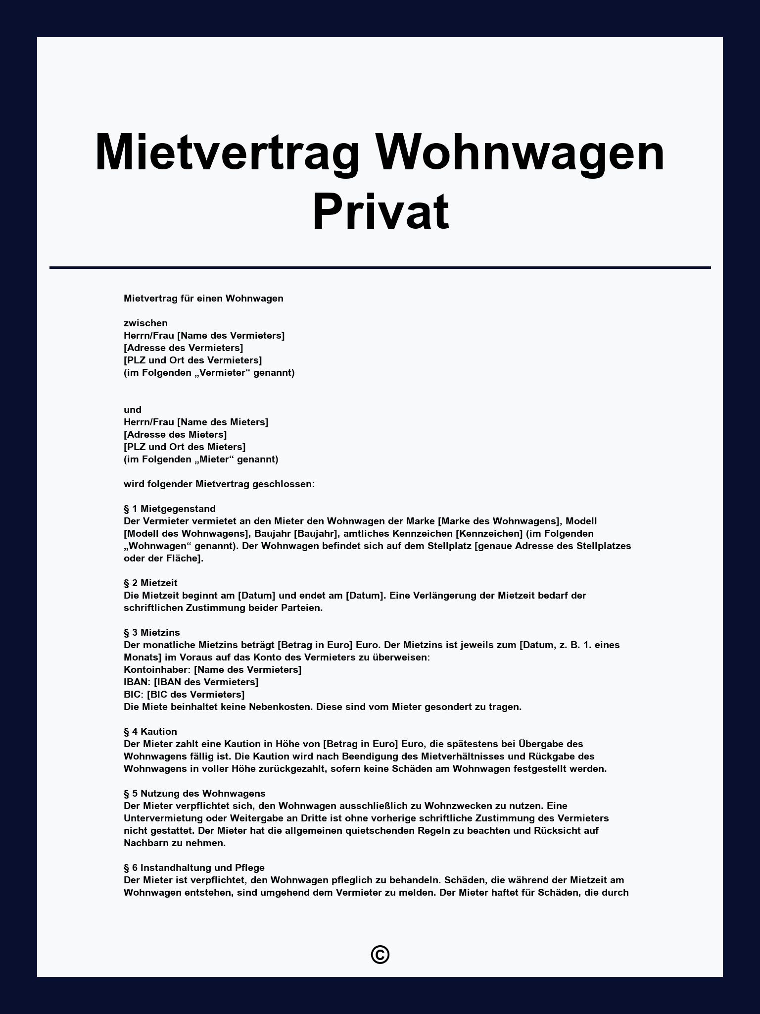 Mietvertrag Wohnwagen Privat