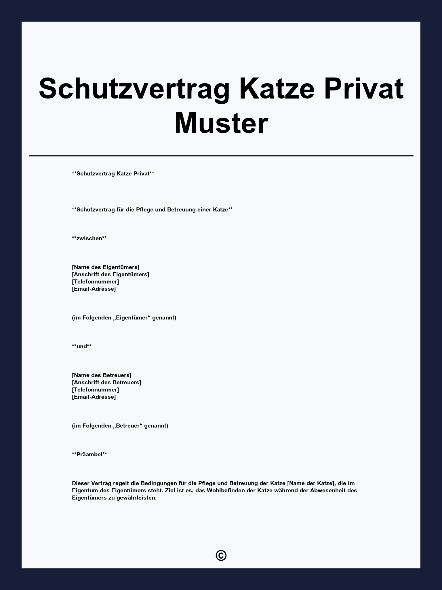 Schutzvertrag Katze Privat Muster