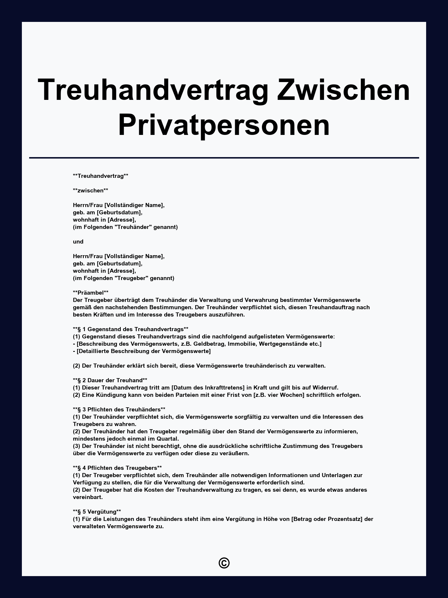 Treuhandvertrag Zwischen Privatpersonen
