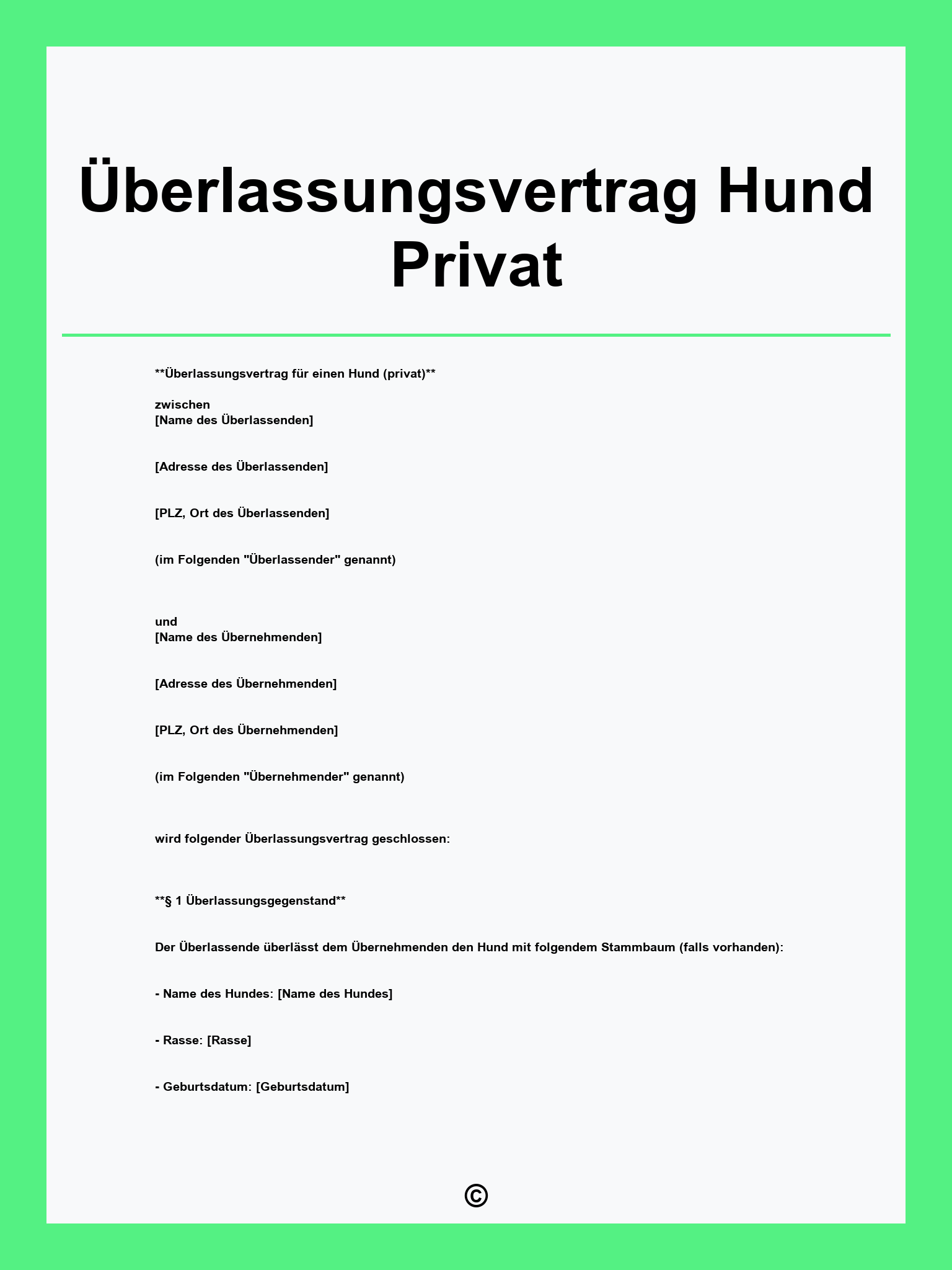 Überlassungsvertrag Hund Privat